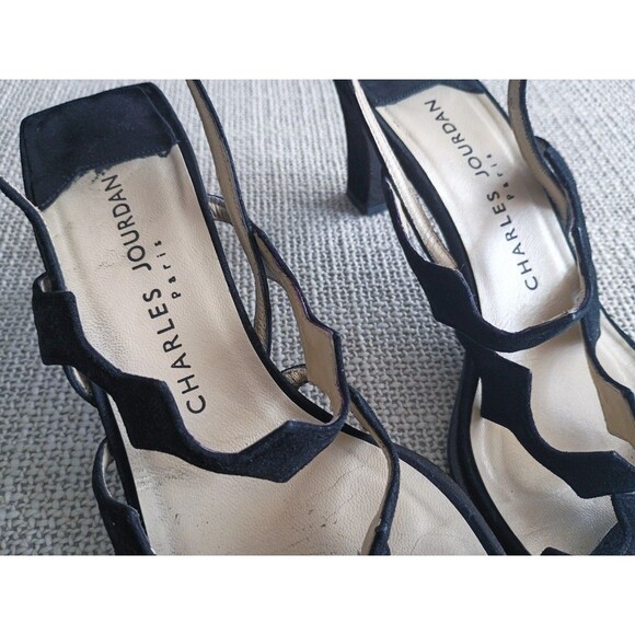 Designer Charles Jourdan Paris Vintage Black Suede Strappy Heels Sandals 8.5 - Picture 3 of 11